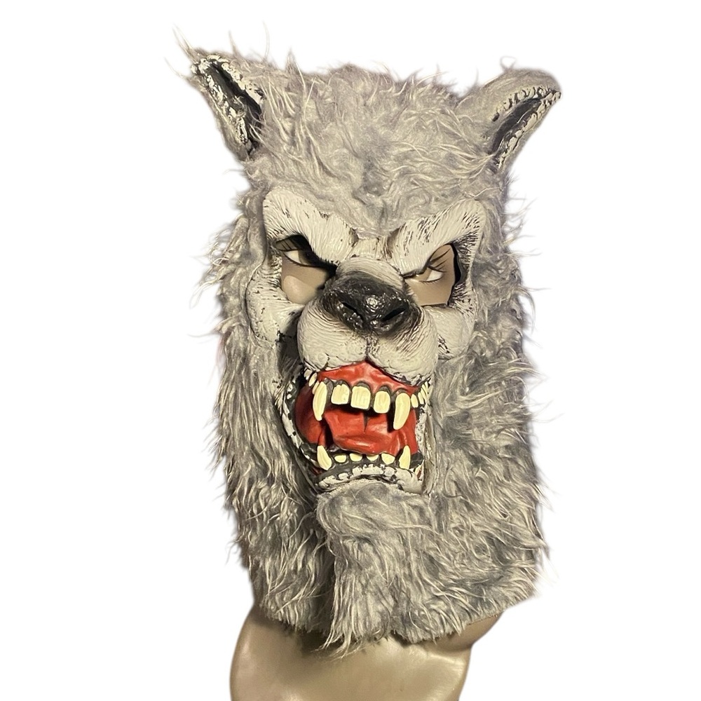Adult Furry Gray Wolf Werewolf Head With Tongue and Fangs Head Dog Costume Mask